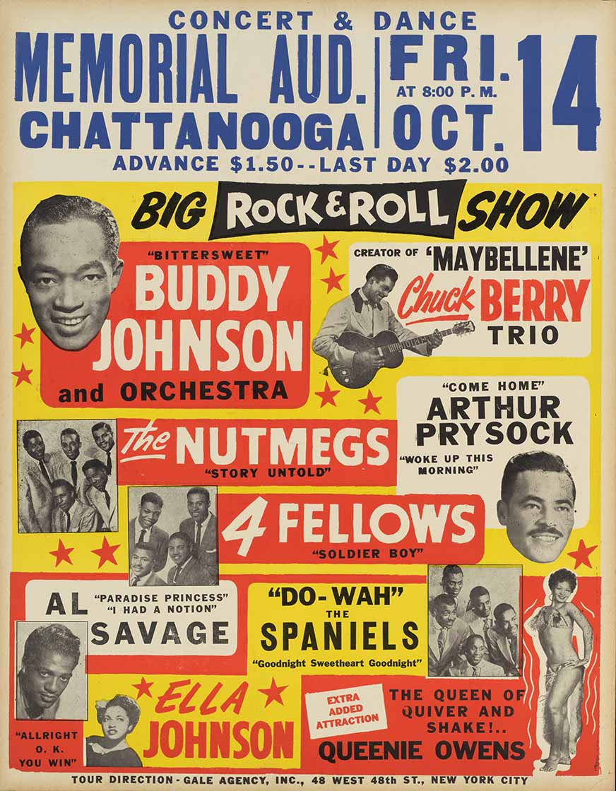 Vintage posters of Buddy Johnson, Chuck Berry, The Nutmegs, Arthur Prysock, 4Fellows, Al Savage, The Spaniels, Ella Johnson, and Queenie Owens live at Memorial Auditorium.